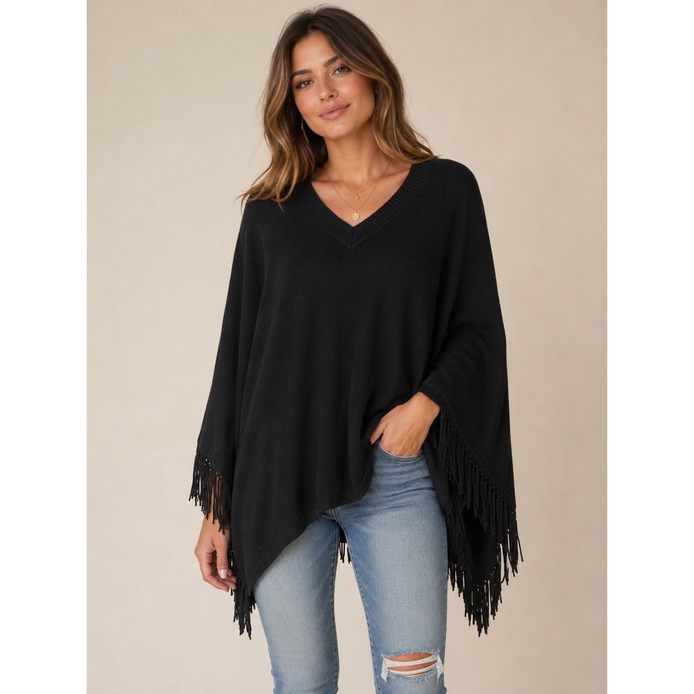 Ecru Womens Black V-Neck Fringe Trim Poncho Sweater Style 5088-ES Size Medium